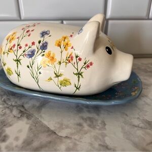 Vintage Floral Pig Butter Dish - White, Blue, Yellow, Pink